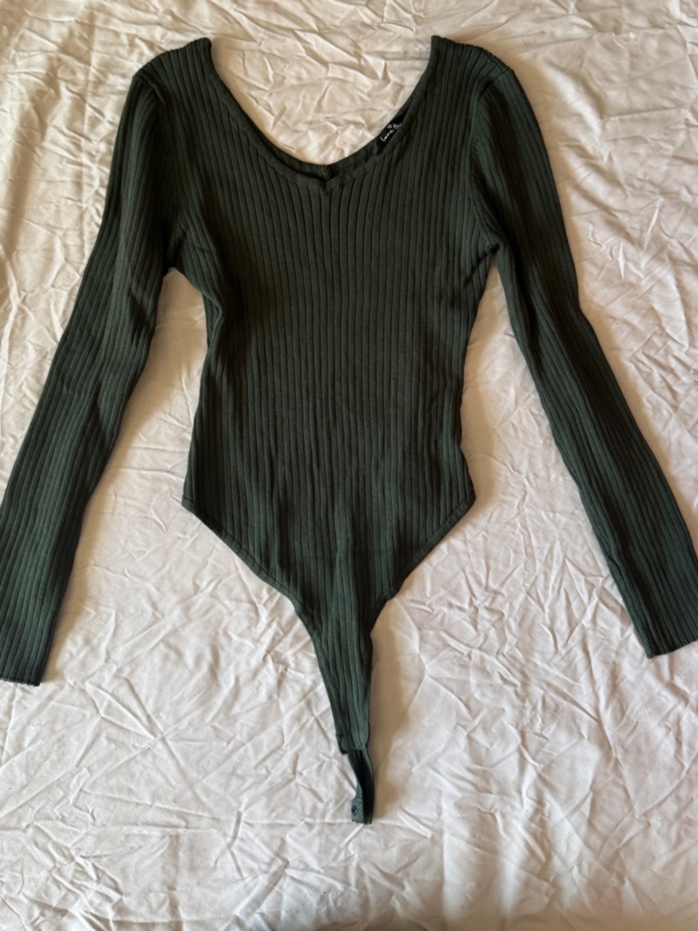 Love Tree Ribbed V-Neck Long Sleeve Bodysuit - Olive Green